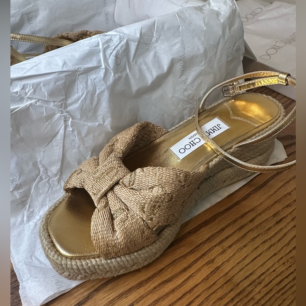 Jimmy Choo Gold Raffia Wedge Sandals - Picture 10 of 12